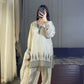 Ivory Pure Natural Crepe Palazzo Set with Black Embroidery and Organza Silk Dupatta for Festive and Elegant Occasions