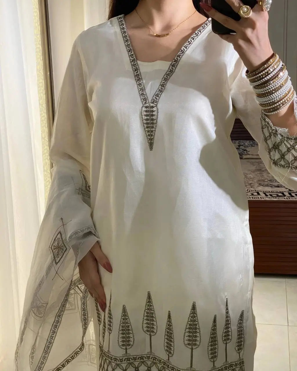 Ivory Pure Natural Crepe Palazzo Set with Black Embroidery and Organza Silk Dupatta for Festive and Elegant Occasions