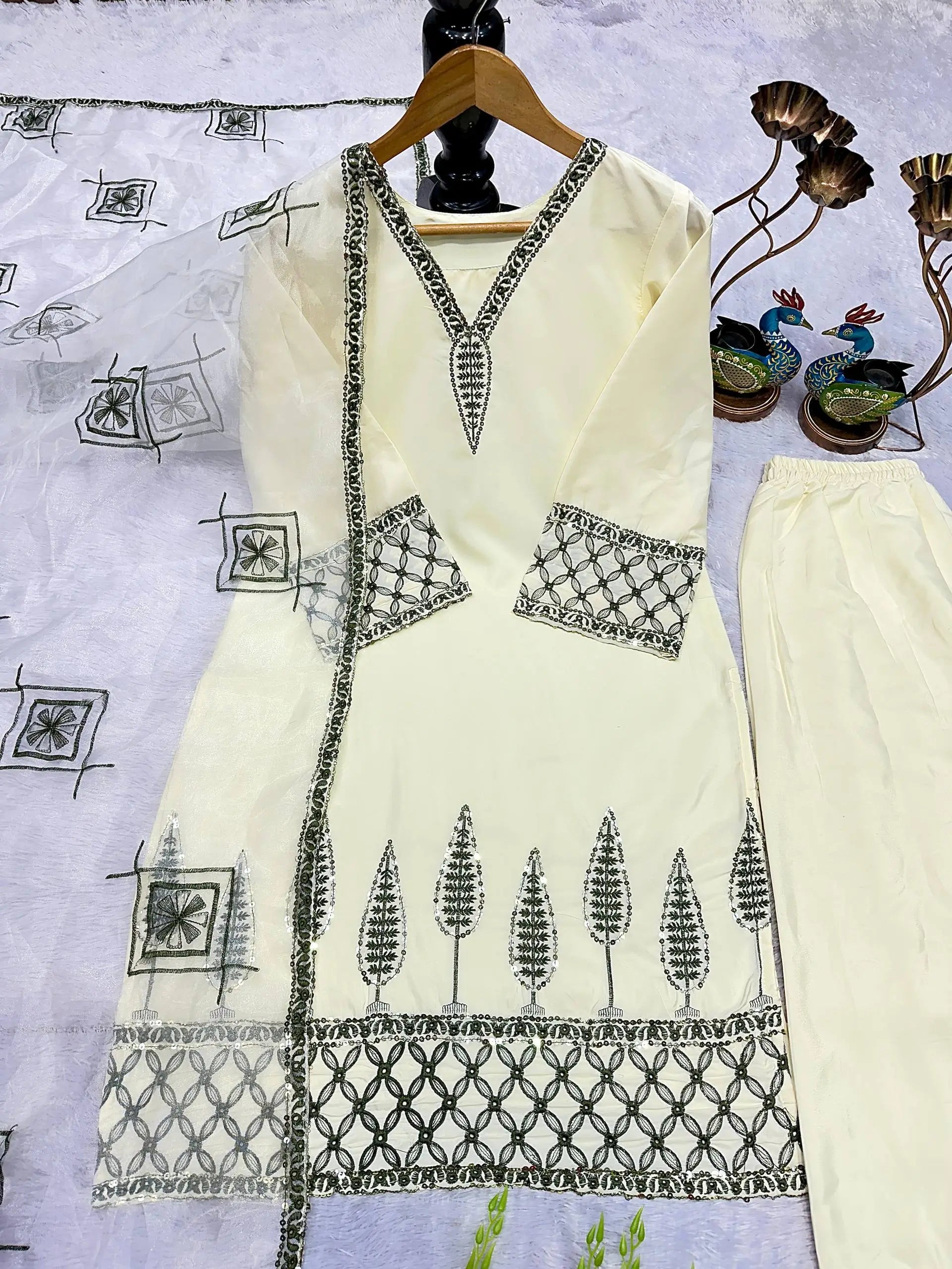 Ivory Pure Natural Crepe Palazzo Set with Black Embroidery and Organza Silk Dupatta for Festive and Elegant Occasions