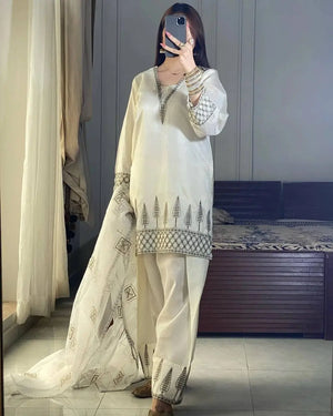 Ivory Pure Natural Crepe Palazzo Set with Black Embroidery and Organza Silk Dupatta for Festive and Elegant Occasions