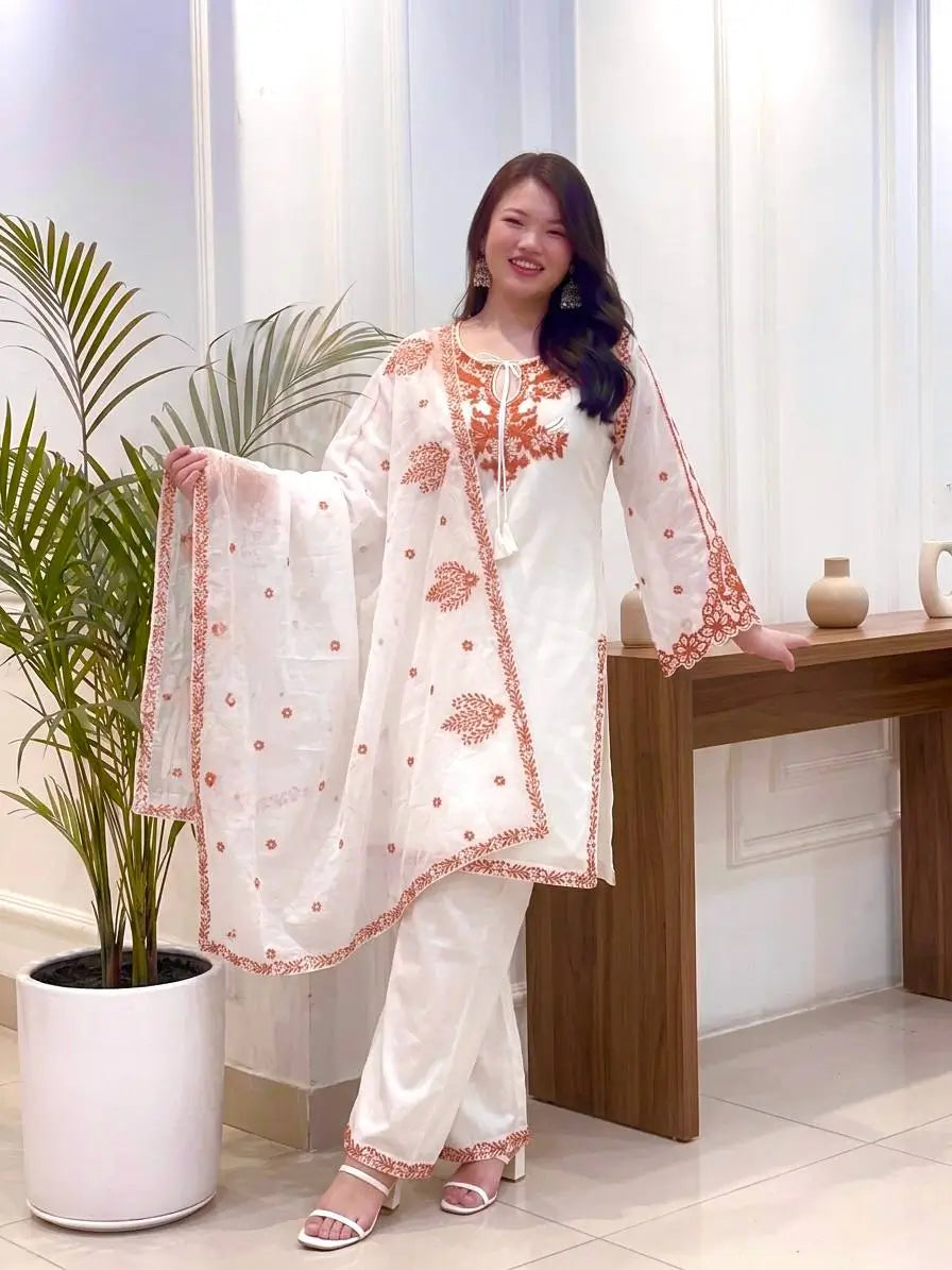 Ivory Rust Embroidered Kurti Set