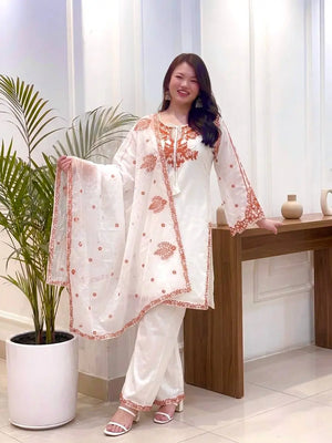 Ivory Rust Embroidered Kurti Set