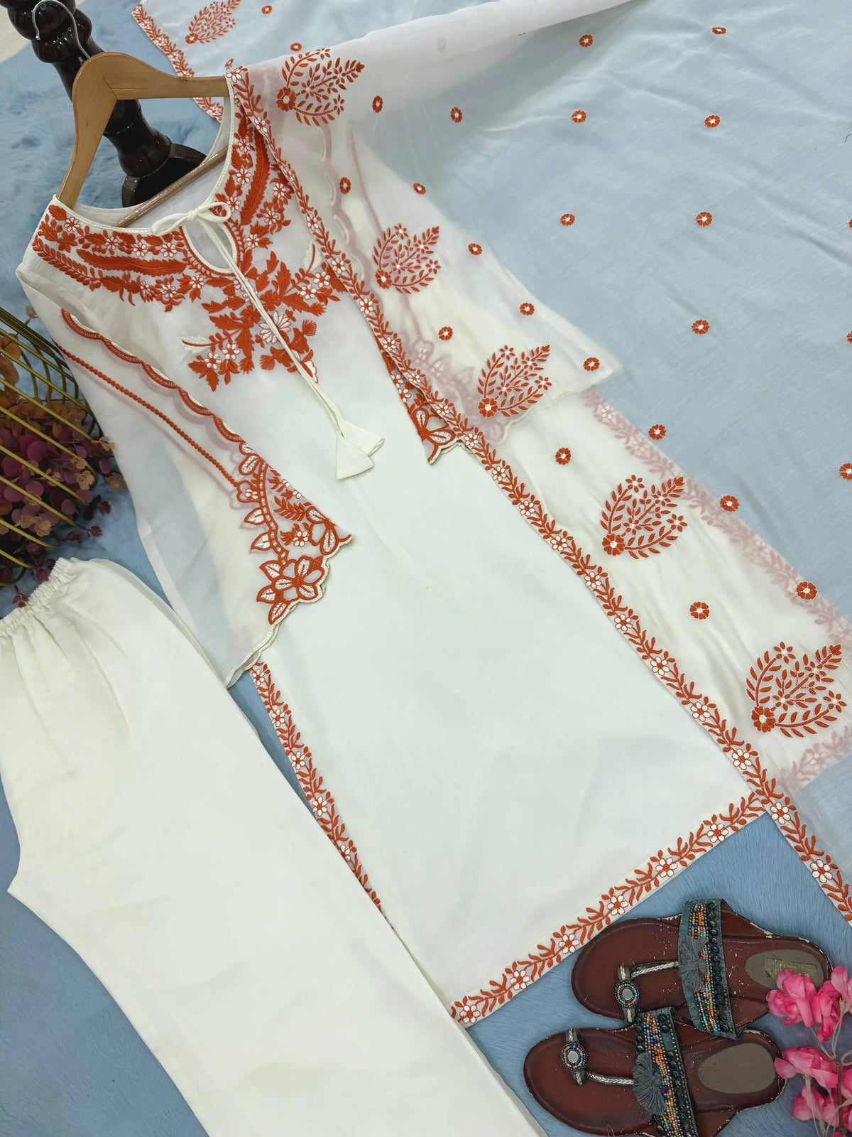 Ivory Rust Embroidered Kurti Set