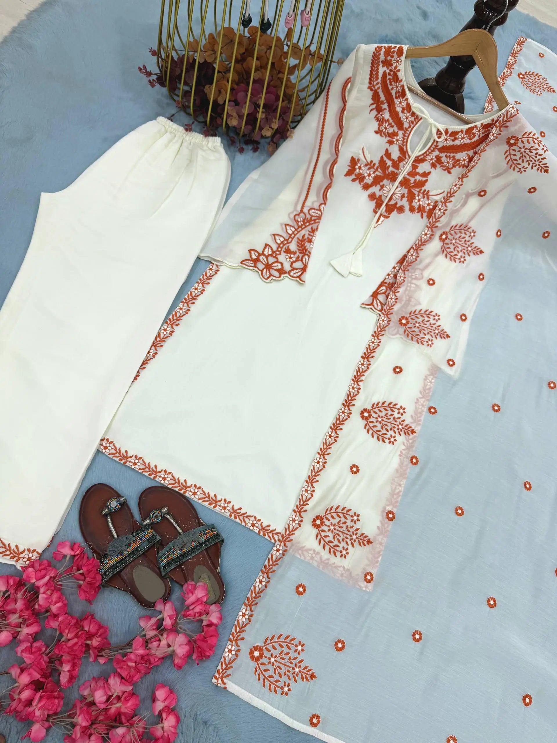 Ivory Rust Embroidered Kurti Set
