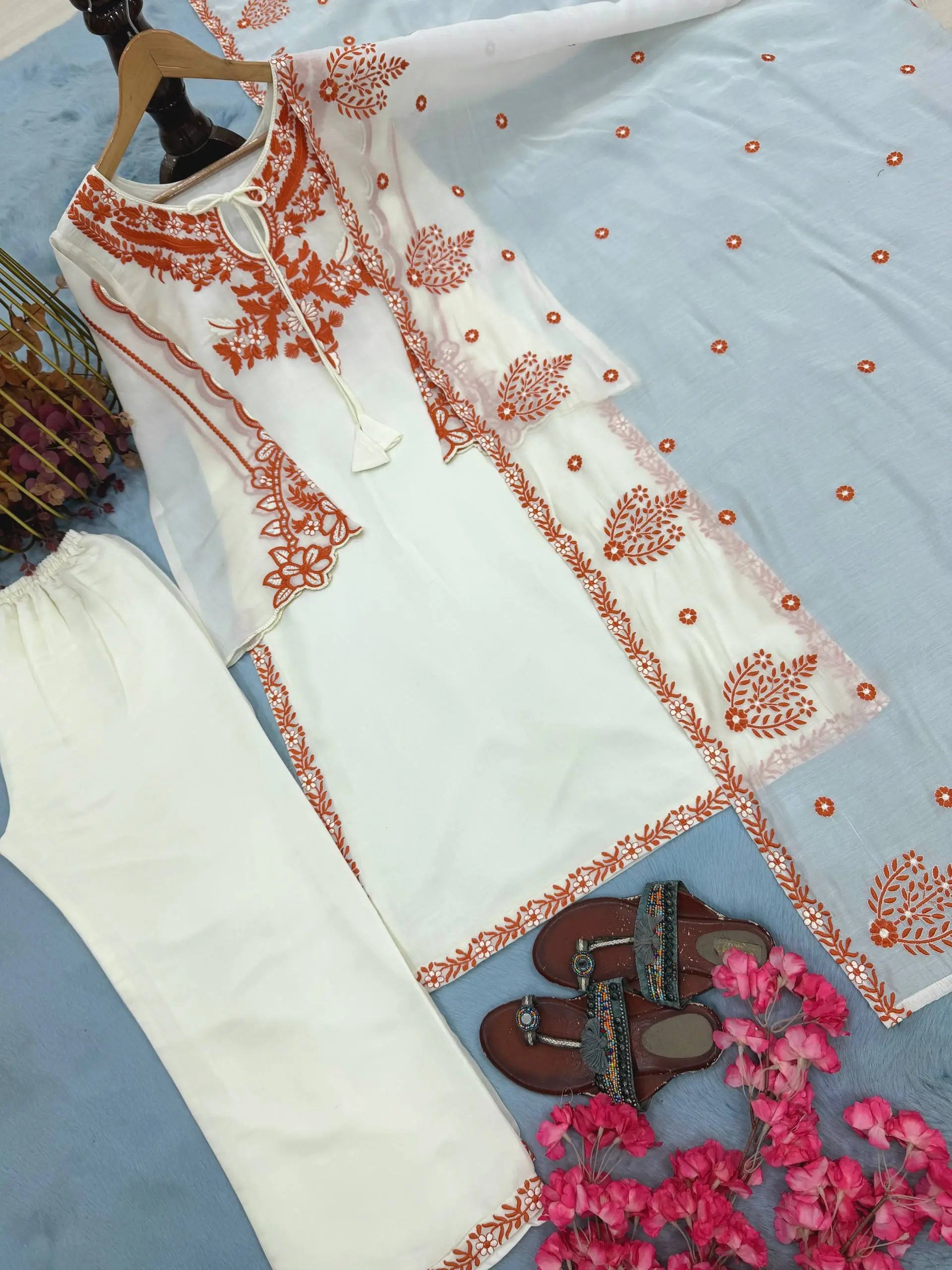 Ivory Rust Embroidered Kurti Set