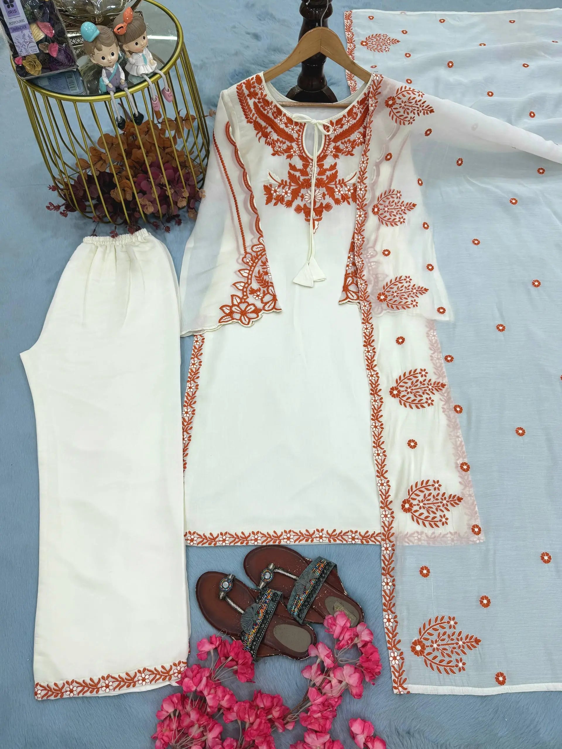 Ivory Rust Embroidered Kurti Set
