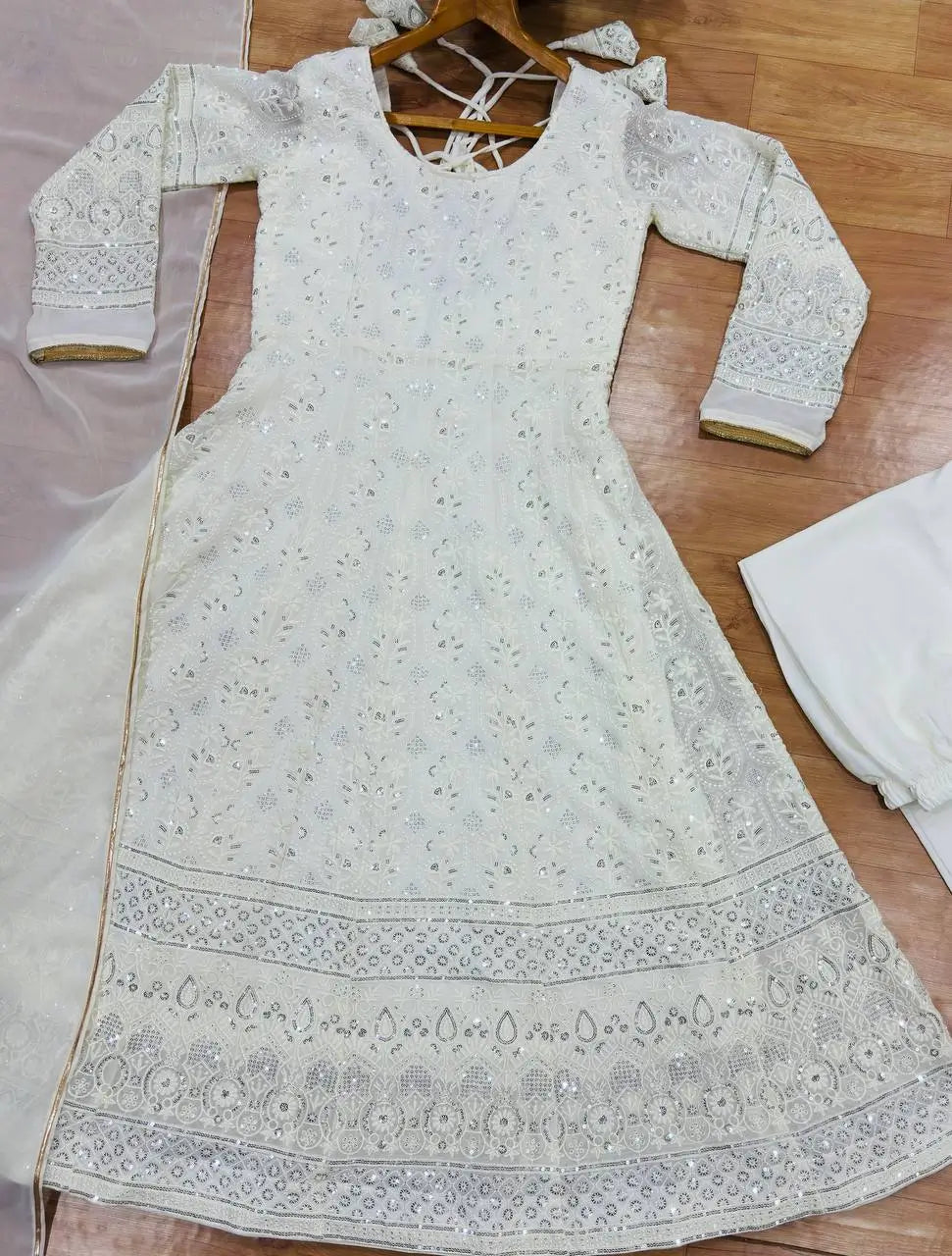 Ivory Sequin Anarkali Gown - Chikankari Work