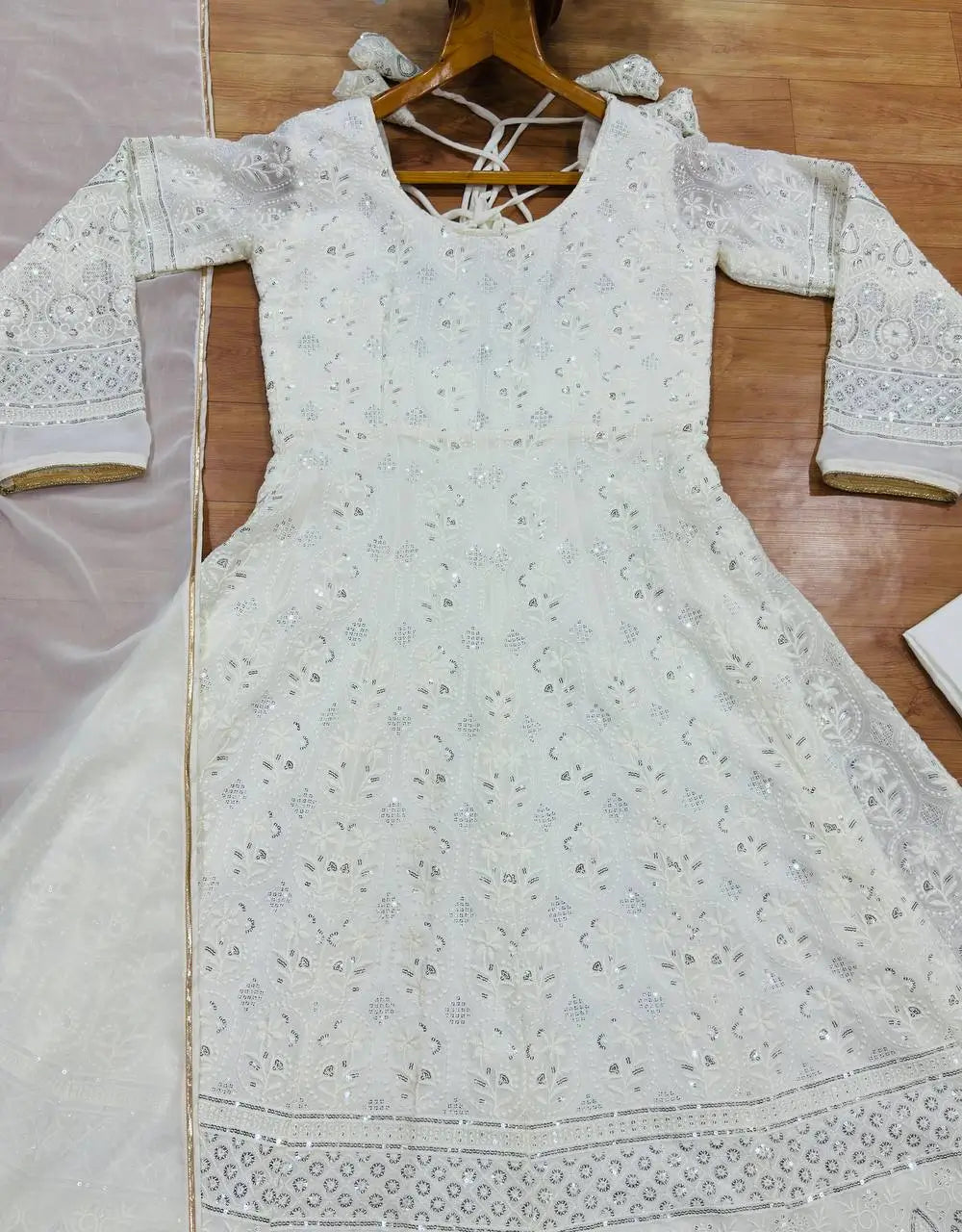 Ivory Sequin Anarkali Gown - Chikankari Work