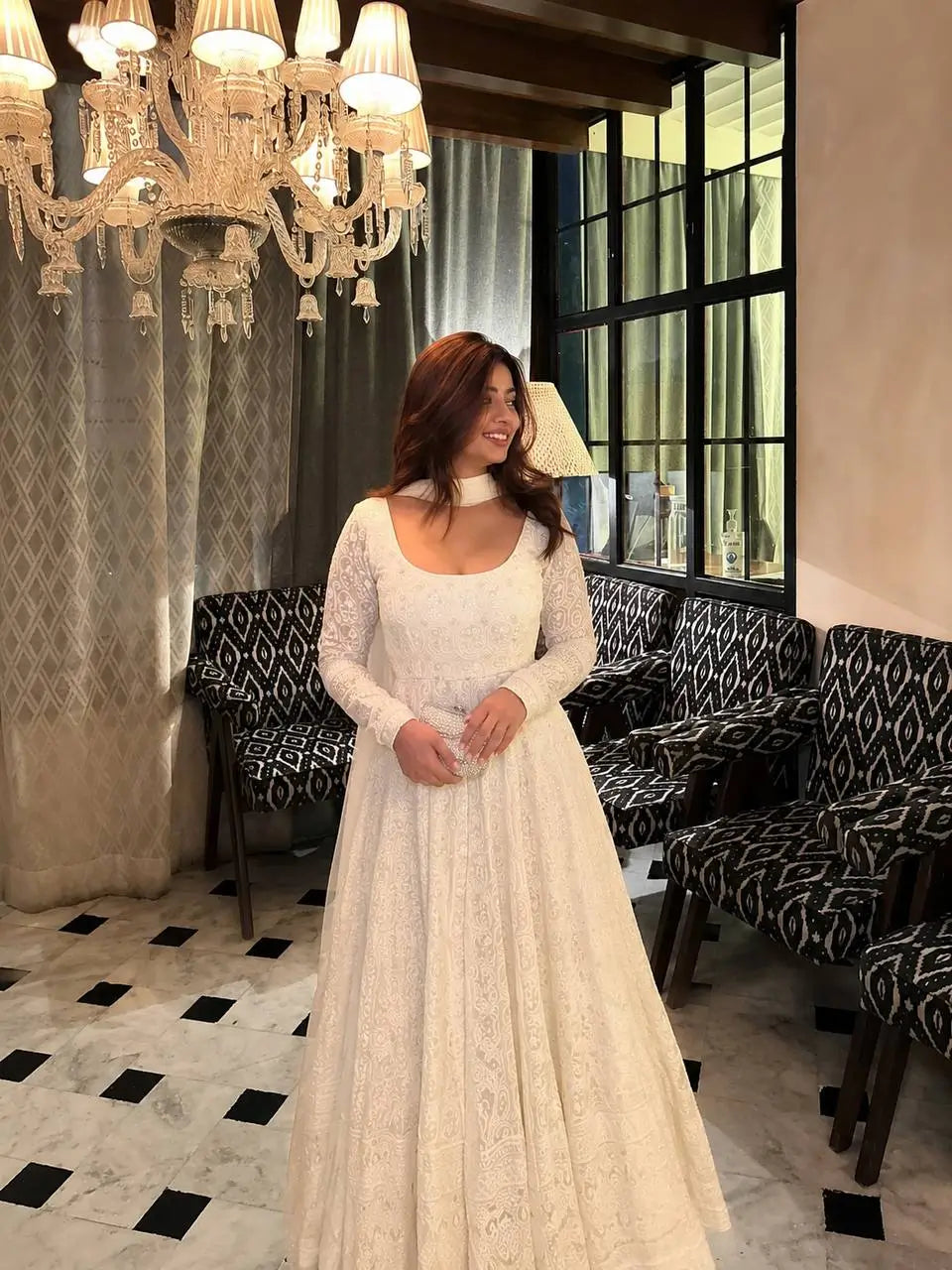 Ivory Sequin Anarkali Gown - Chikankari Work