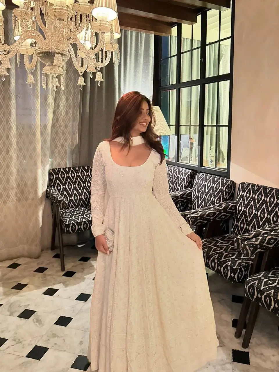 Ivory Sequin Anarkali Gown - Chikankari Work