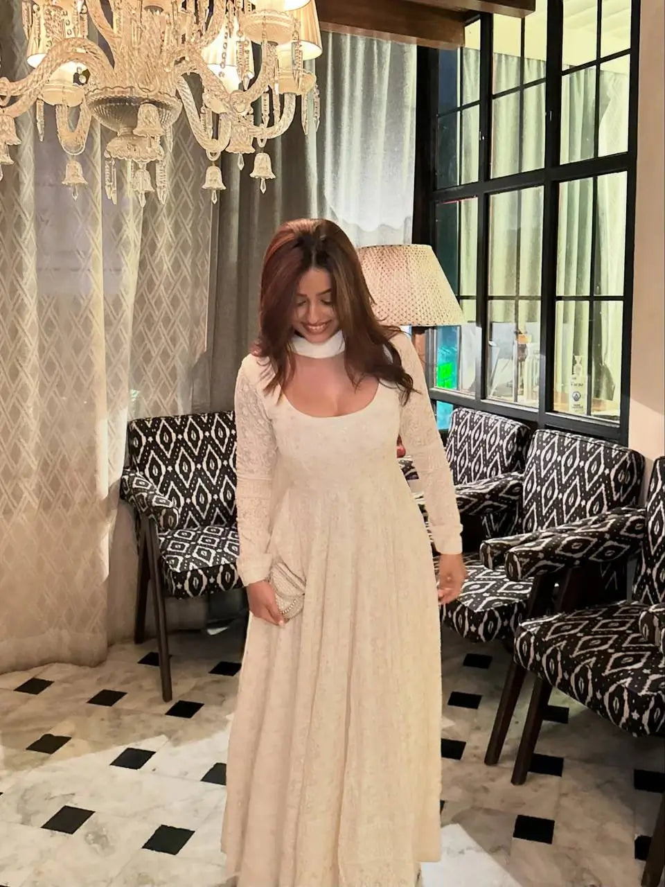 Ivory Sequin Anarkali Gown - Chikankari Work