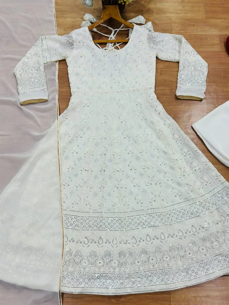 Ivory Sequin Anarkali Gown - Chikankari Work