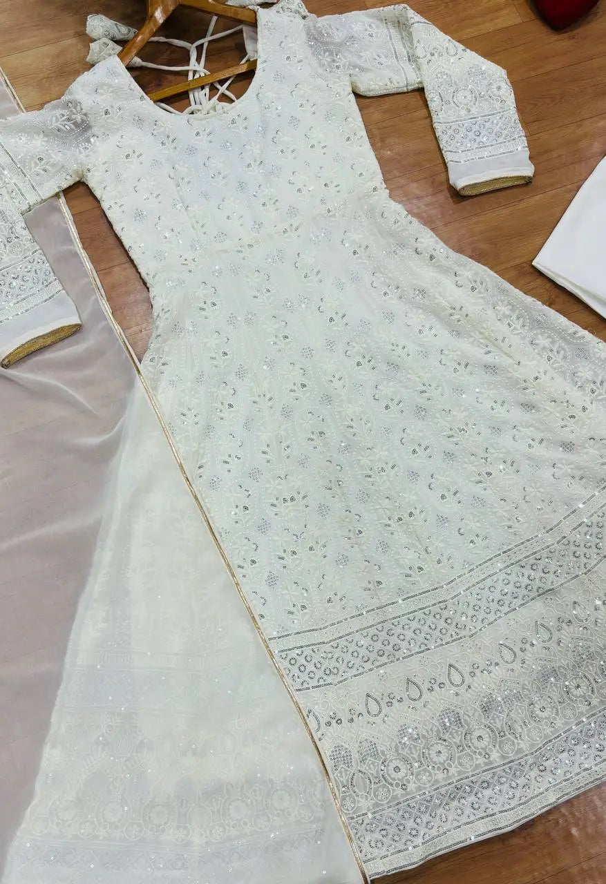Ivory Sequin Anarkali Gown - Chikankari Work