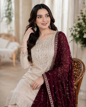 Ivory Sequin Straight Kurta