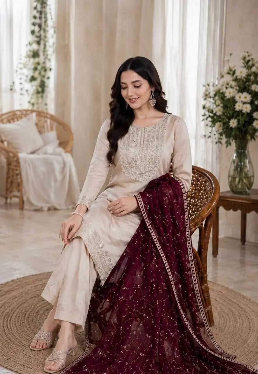 Ivory Sequin Straight Kurta