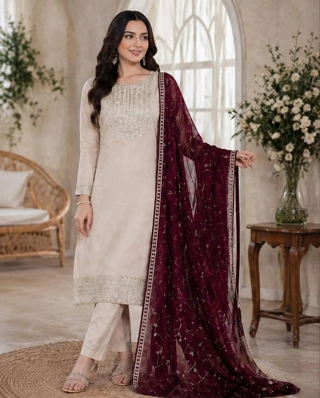 Ivory Sequin Straight Kurta