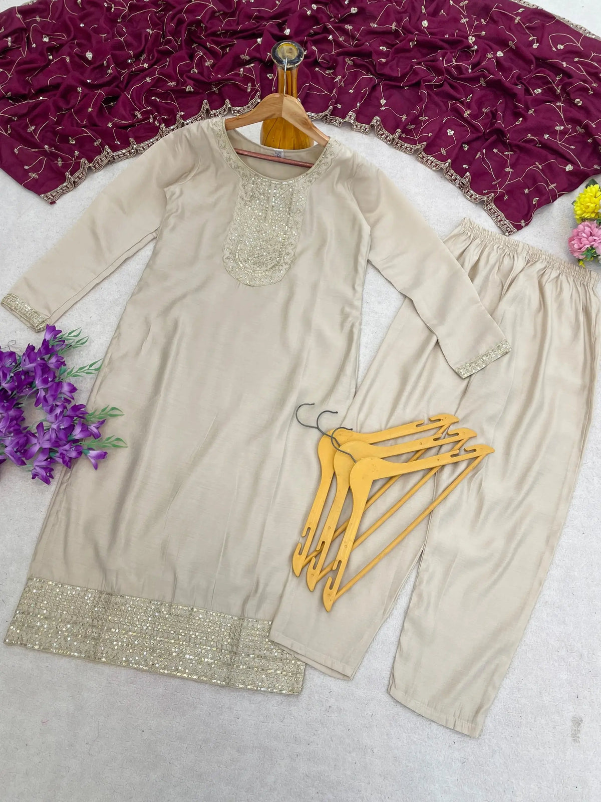 Ivory Sequin Straight Kurta