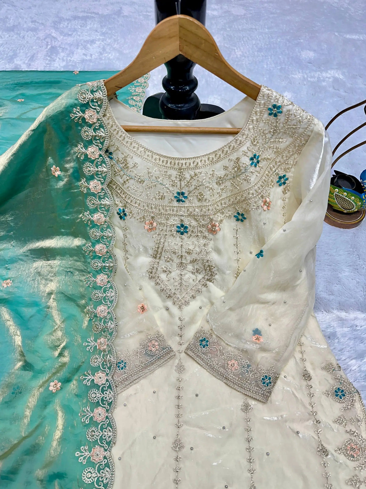 Ivory Silk Embroidered Sharara Set With Dupatta