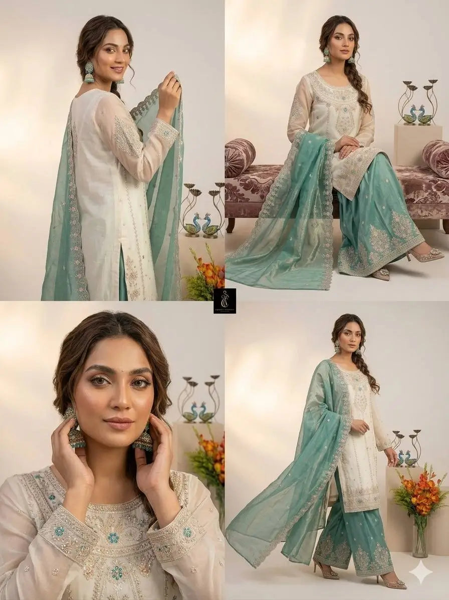 Ivory Silk Embroidered Sharara Set With Dupatta