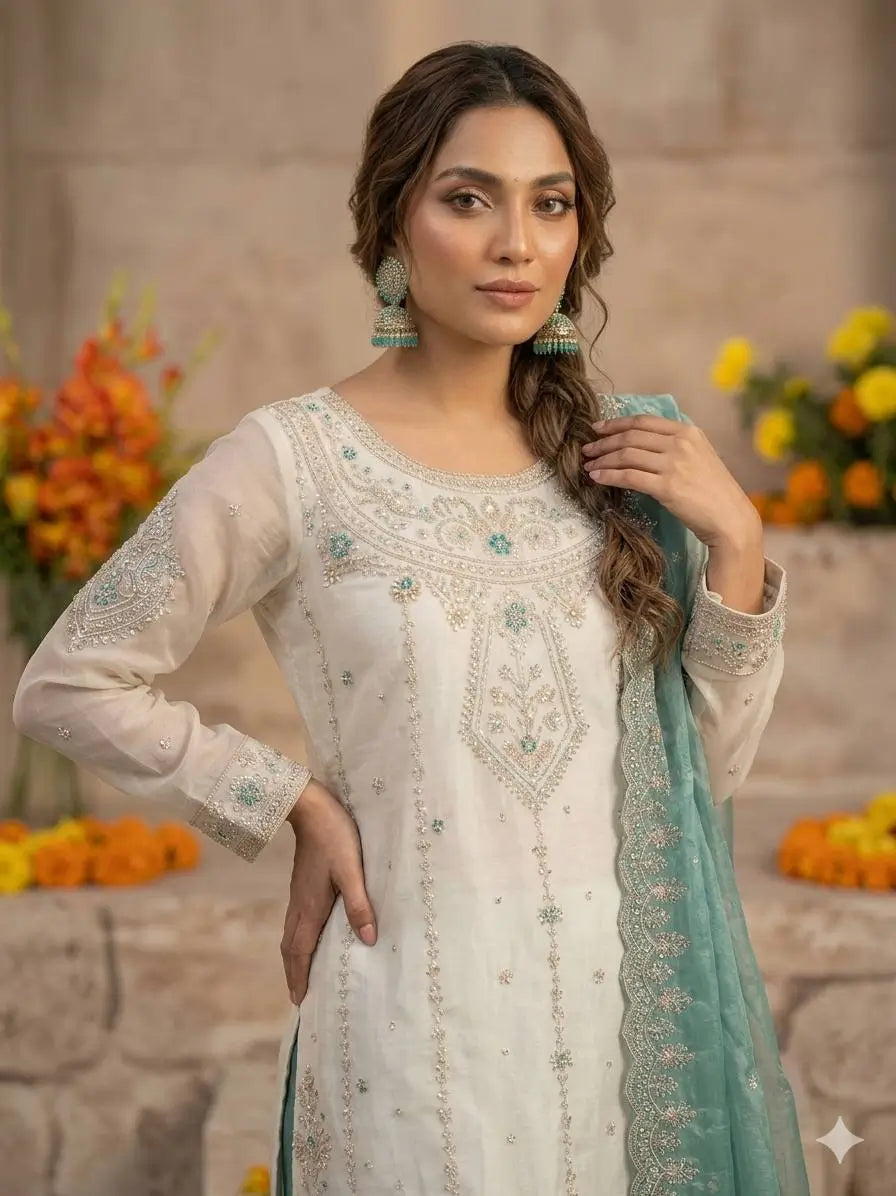 Ivory Silk Embroidered Sharara Set With Dupatta