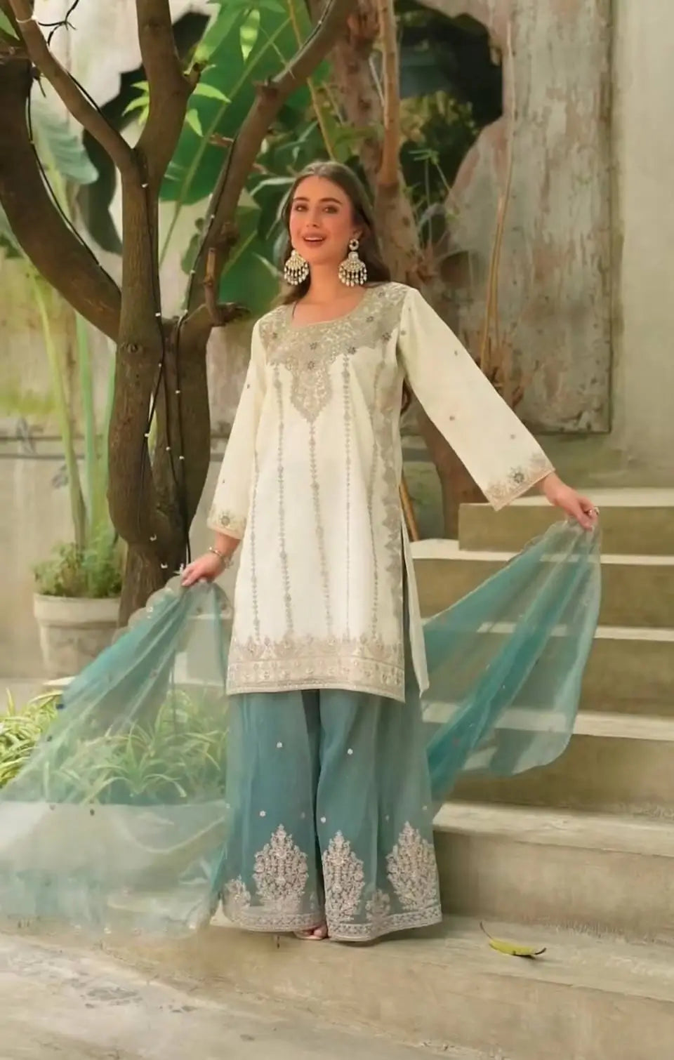 Ivory Silk Embroidered Sharara Set With Dupatta
