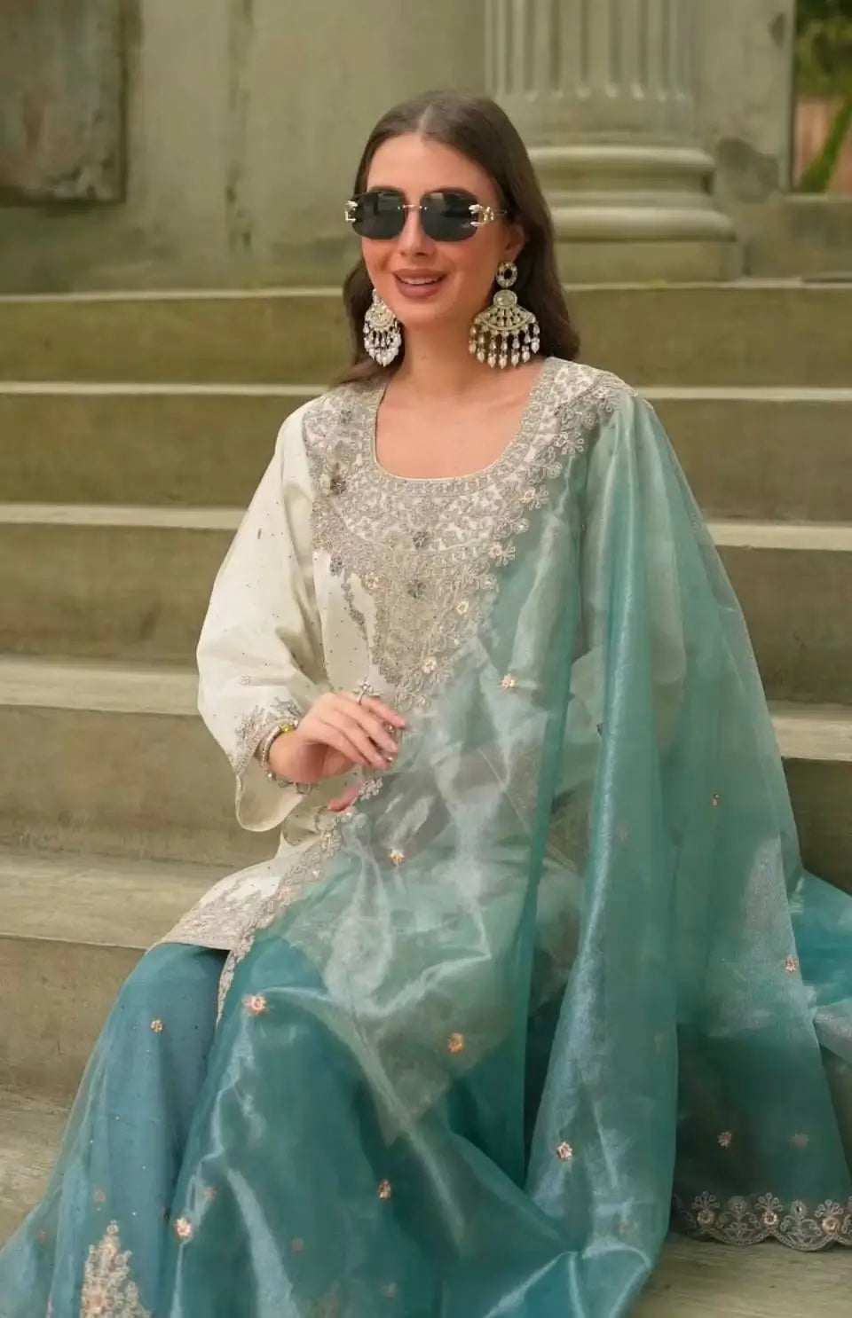 Ivory Silk Embroidered Sharara Set With Dupatta