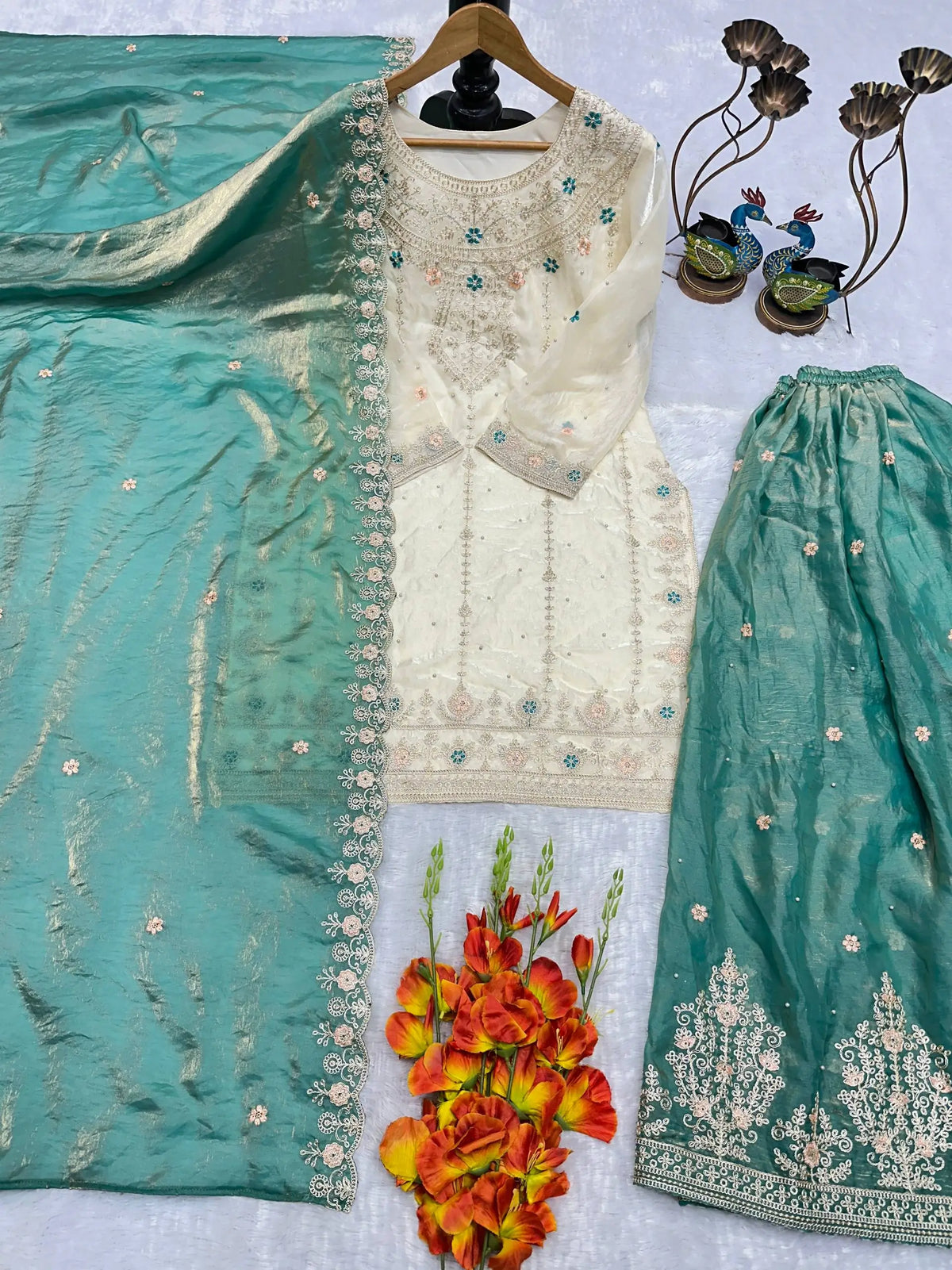 Ivory Silk Embroidered Sharara Set With Dupatta