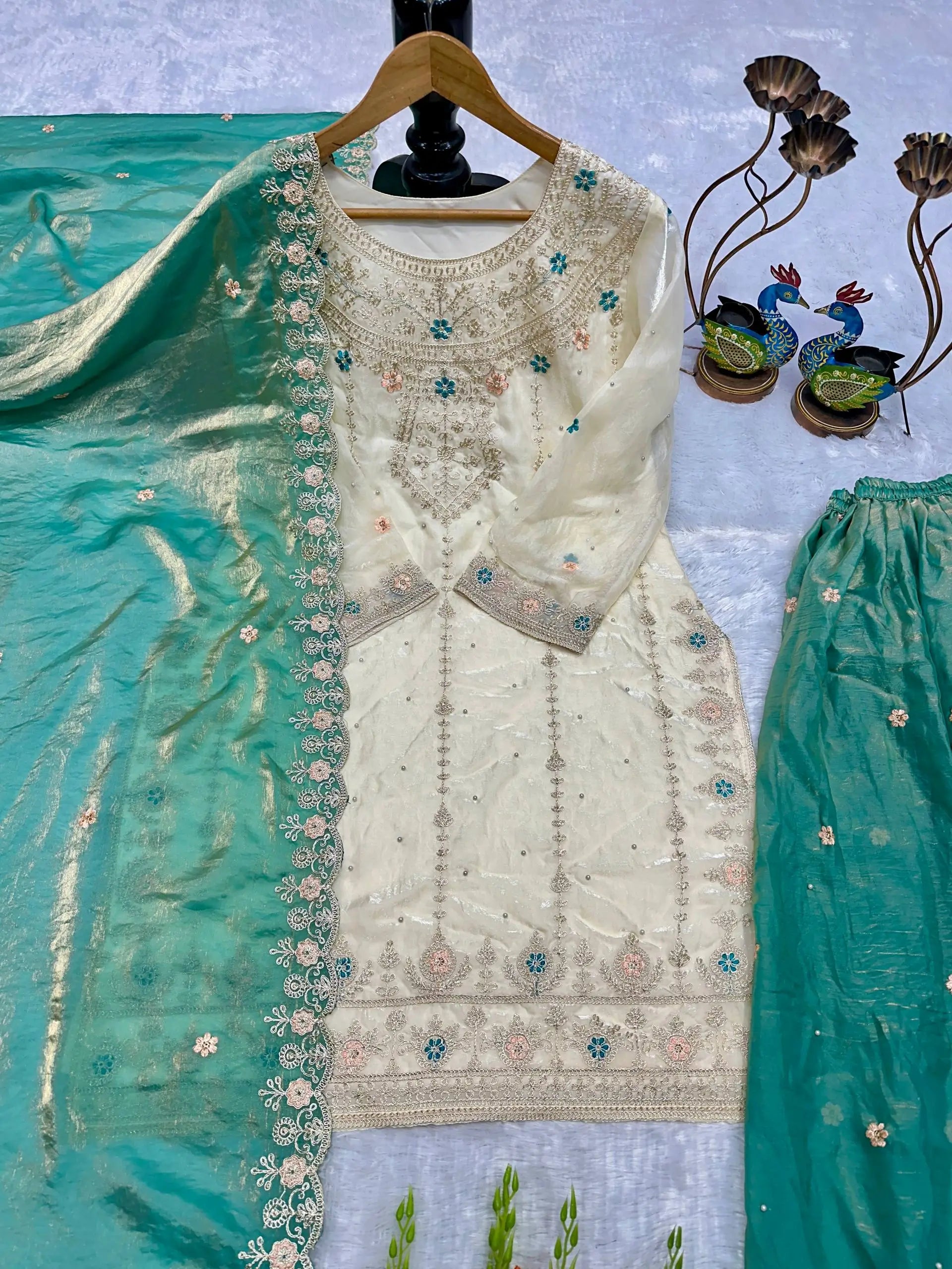 Ivory Silk Embroidered Sharara Set With Dupatta