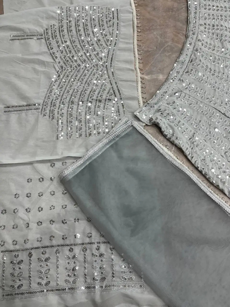Ivory Silver Embroidered Faux Georgette Lehenga Set