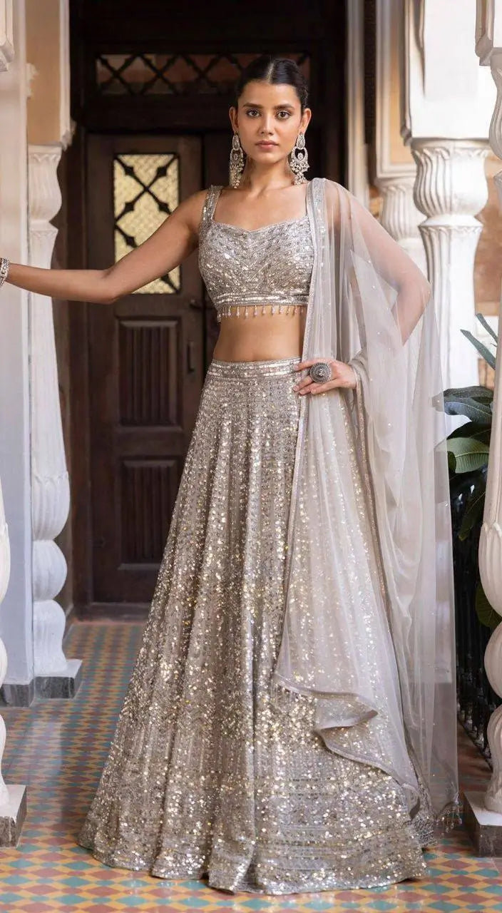 Ivory Silver Embroidered Faux Georgette Lehenga Set