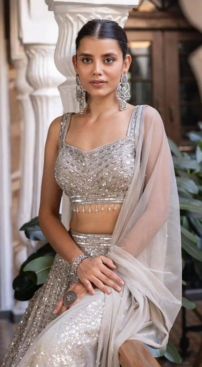 Ivory Silver Embroidered Faux Georgette Lehenga Set