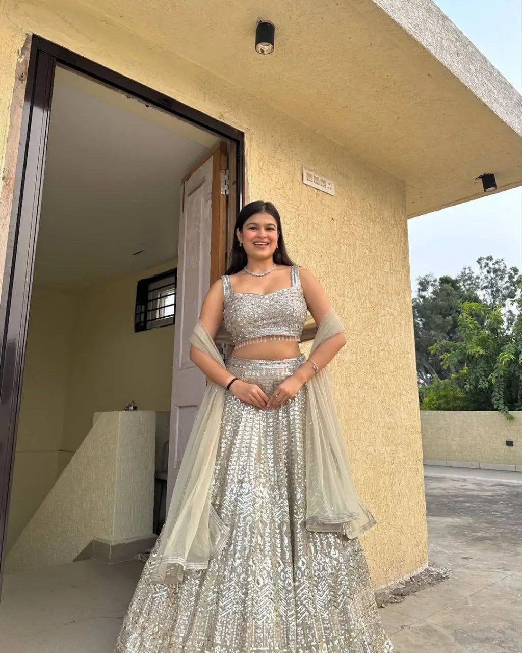 Ivory Silver Embroidered Faux Georgette Lehenga Set