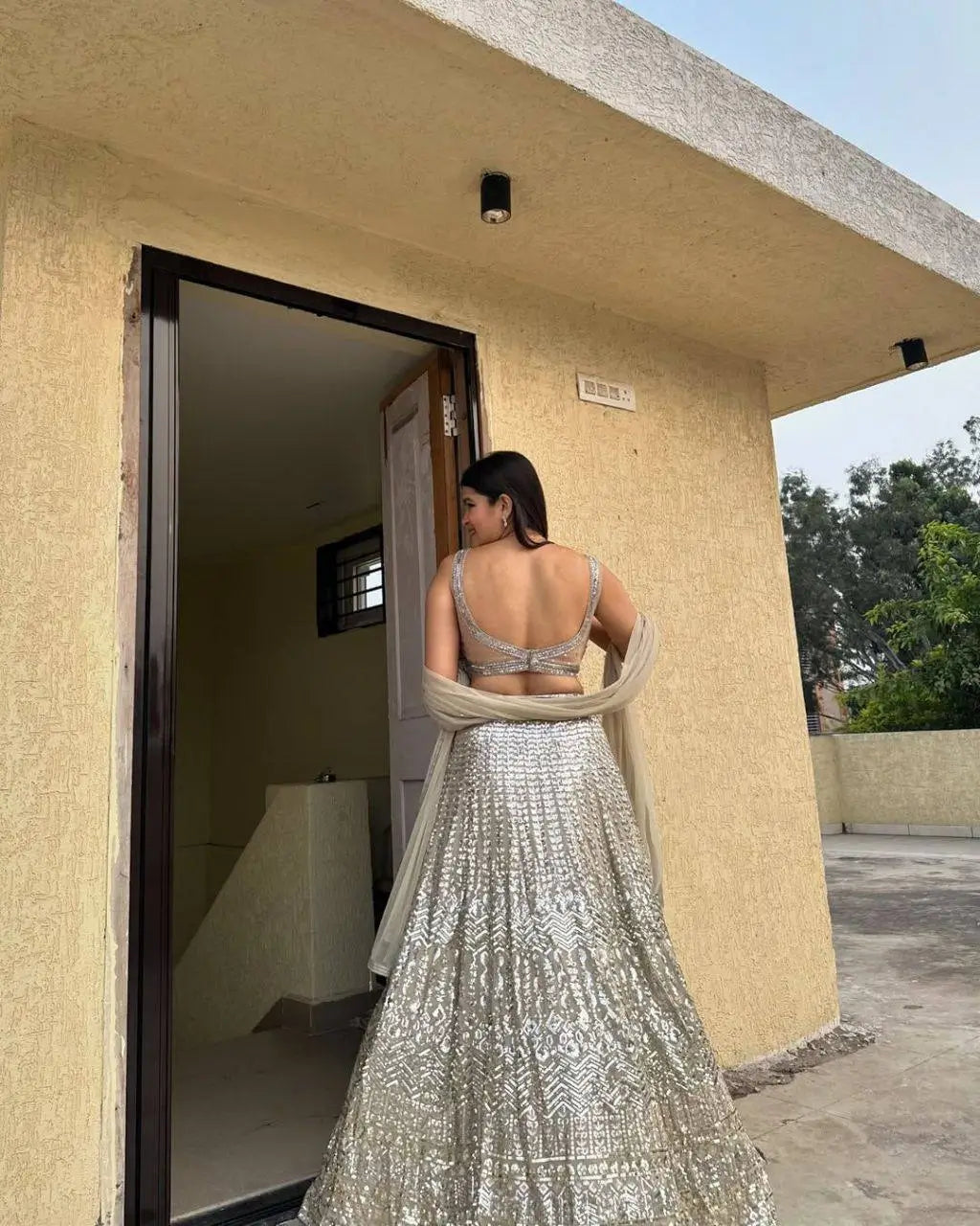 Ivory Silver Embroidered Faux Georgette Lehenga Set