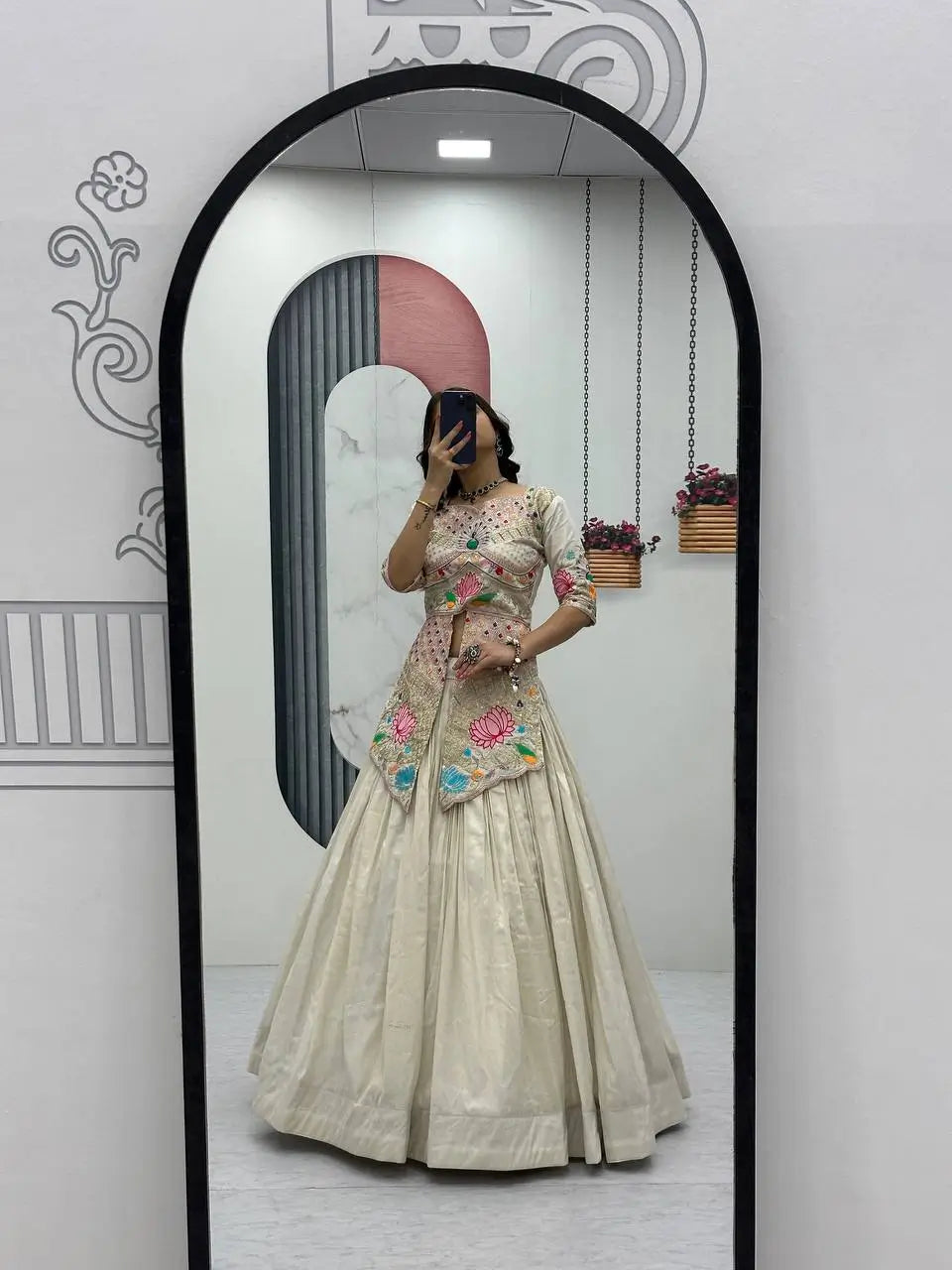 Ivory Simar Cosmos Embroidered Crop Top Lehenga Set with Sequins & Coding Work – Festive Party Wear