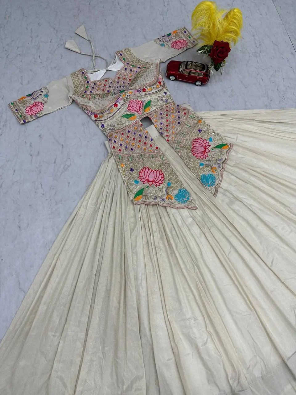 Ivory Simar Cosmos Embroidered Crop Top Lehenga Set with Sequins & Coding Work – Festive Party Wear