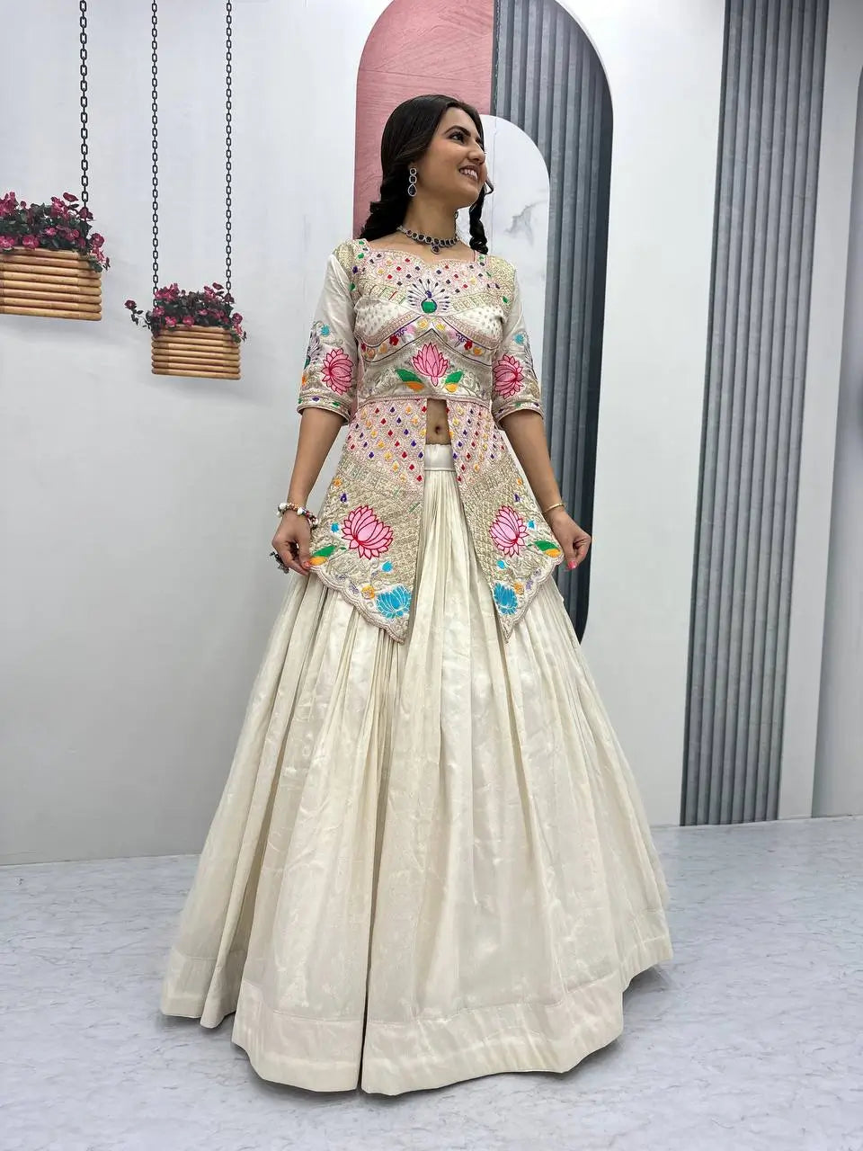 Ivory Simar Cosmos Embroidered Crop Top Lehenga Set with Sequins & Coding Work – Festive Party Wear