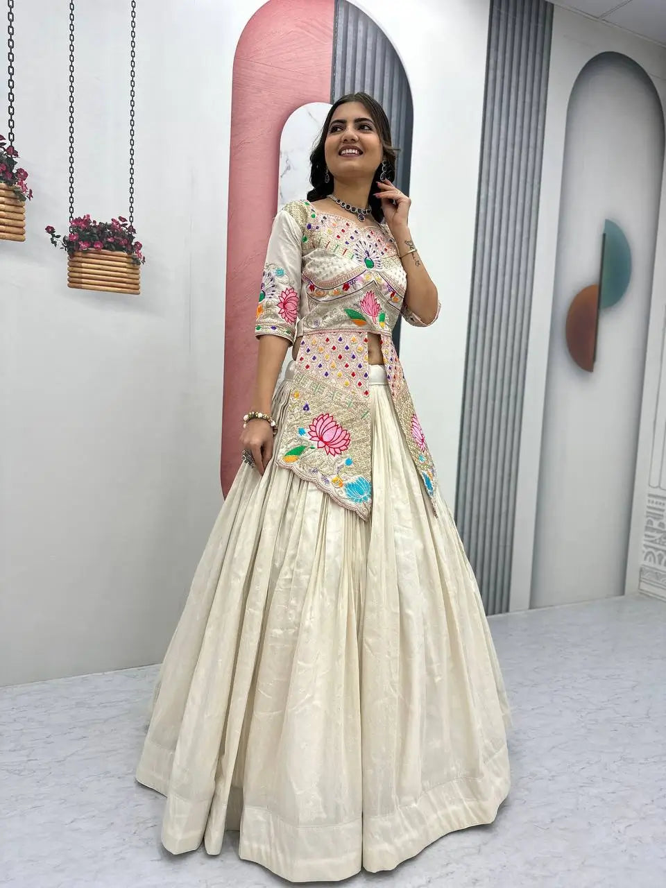 Ivory Simar Cosmos Embroidered Crop Top Lehenga Set with Sequins & Coding Work – Festive Party Wear