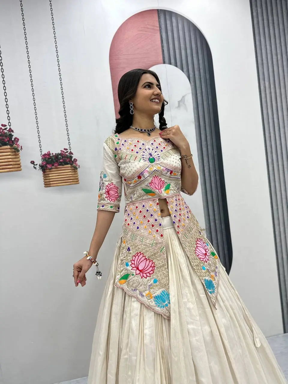 Ivory Simar Cosmos Embroidered Crop Top Lehenga Set with Sequins & Coding Work – Festive Party Wear