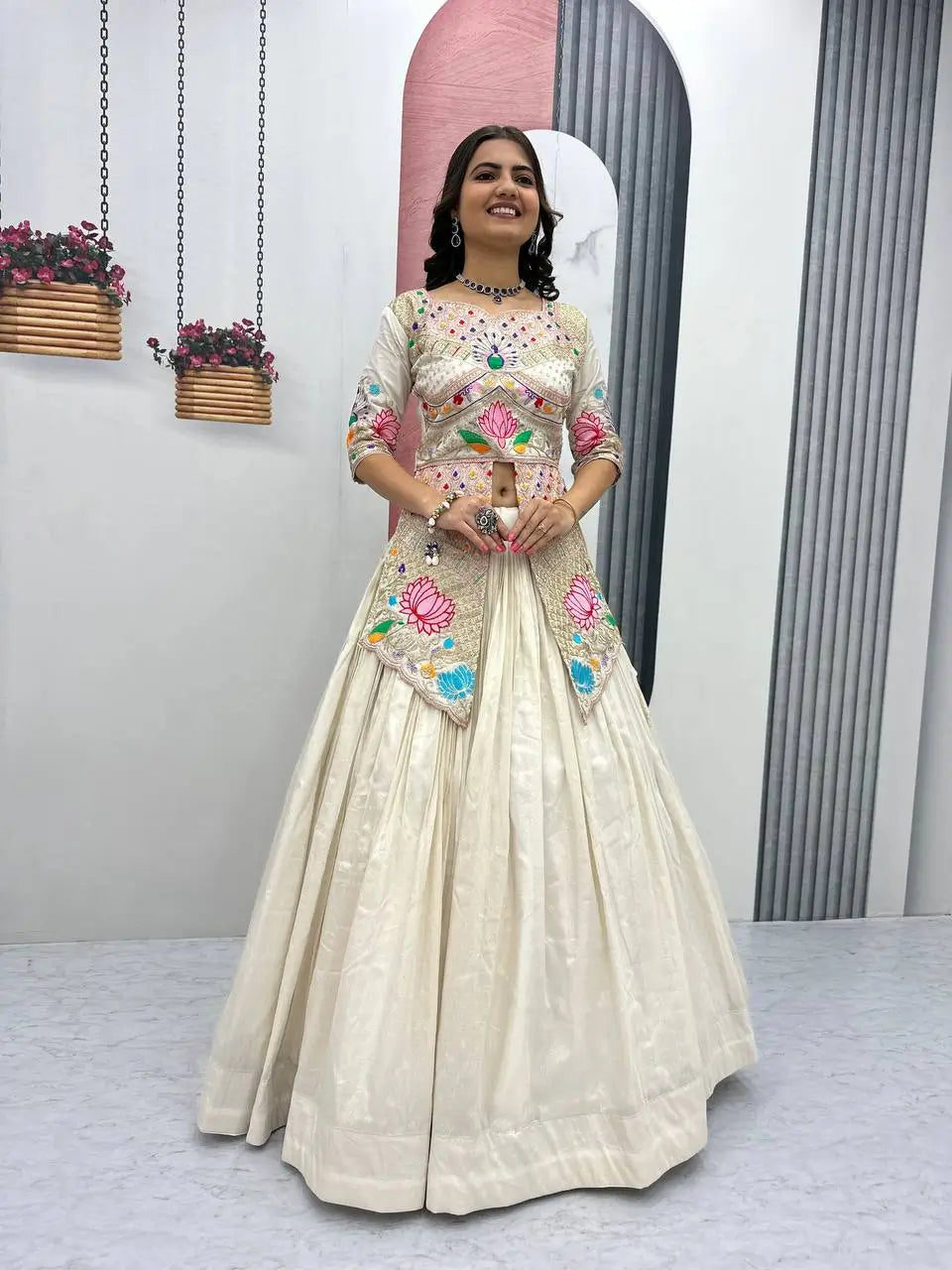Ivory Simar Cosmos Embroidered Crop Top Lehenga Set with Sequins & Coding Work – Festive Party Wear