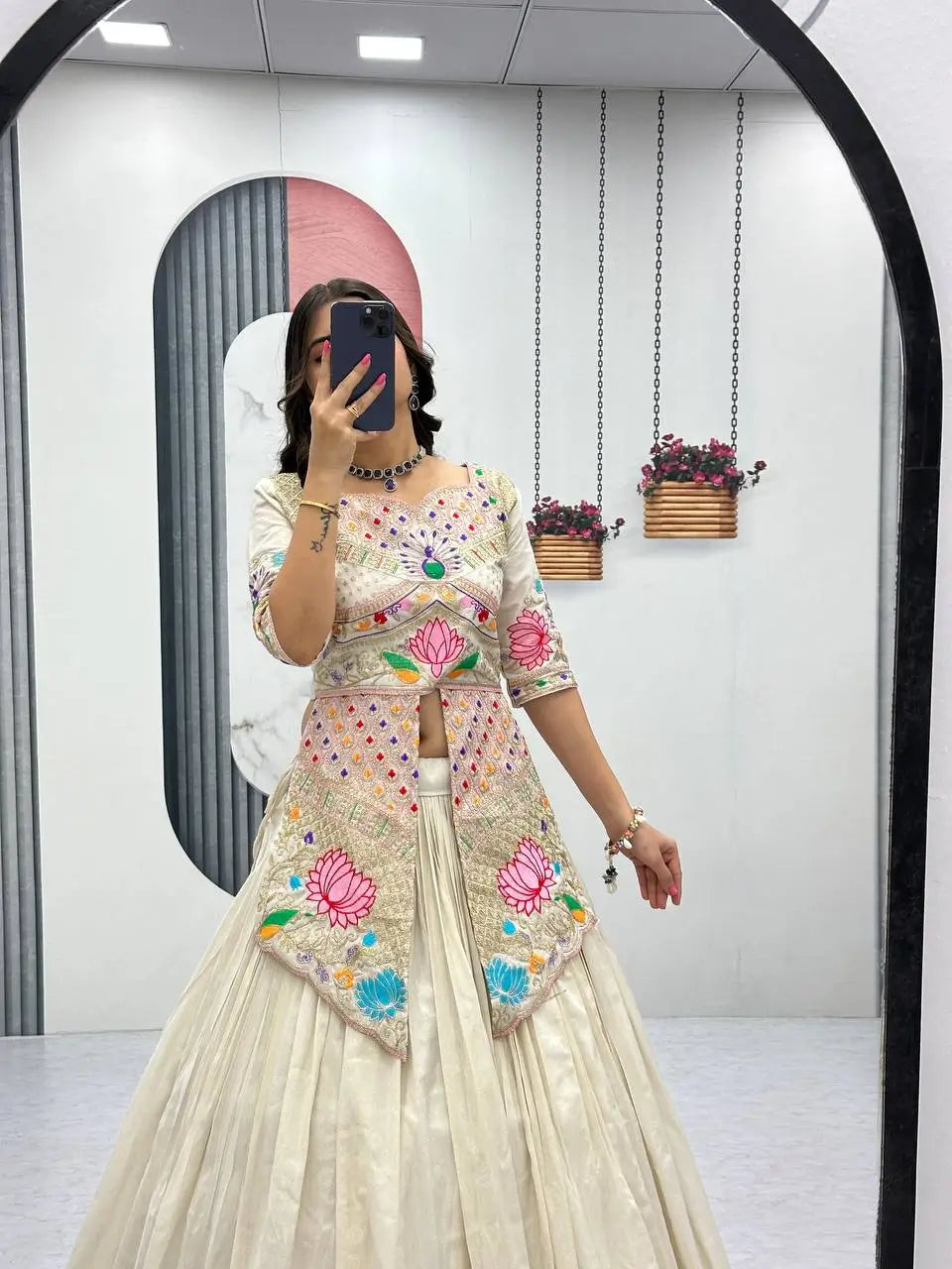 Ivory Simar Cosmos Embroidered Crop Top Lehenga Set with Sequins & Coding Work – Festive Party Wear