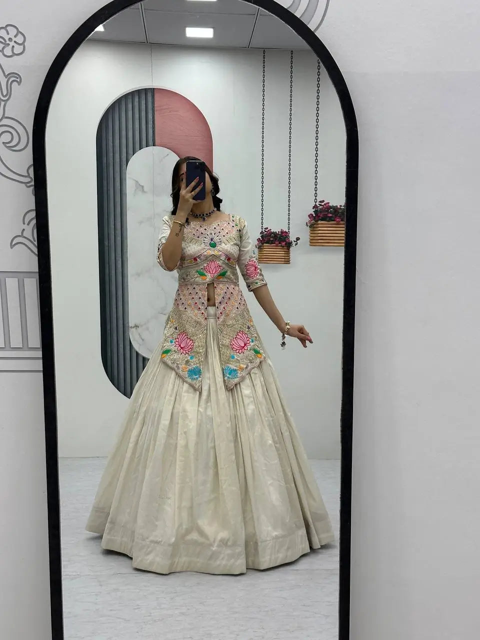 Ivory Simar Cosmos Embroidered Crop Top Lehenga Set with Sequins & Coding Work – Festive Party Wear