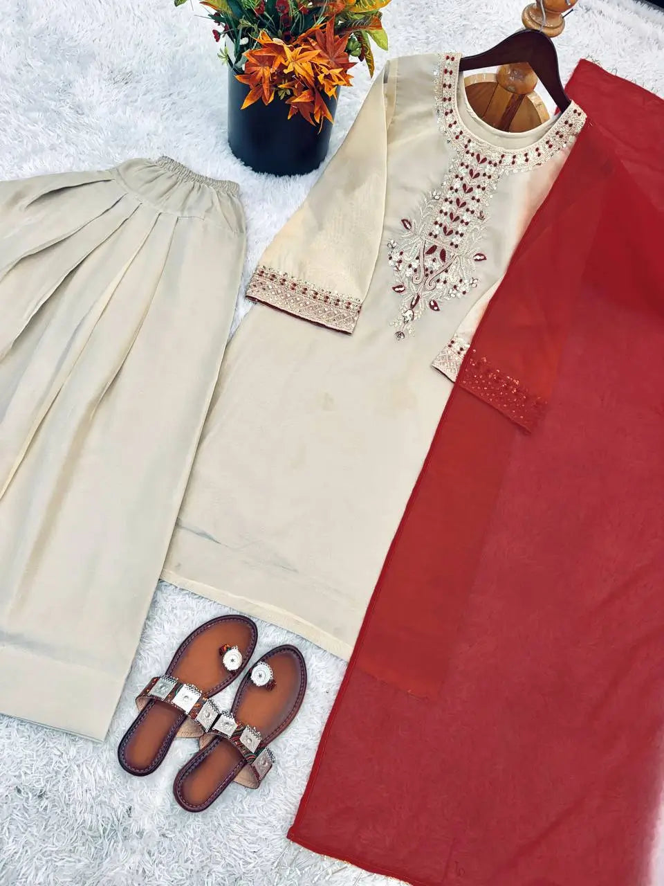 Ivory Tebby Organza Farshi Suit Set with Embroidery Thread Work and Red Faux Georgette Dupatta
