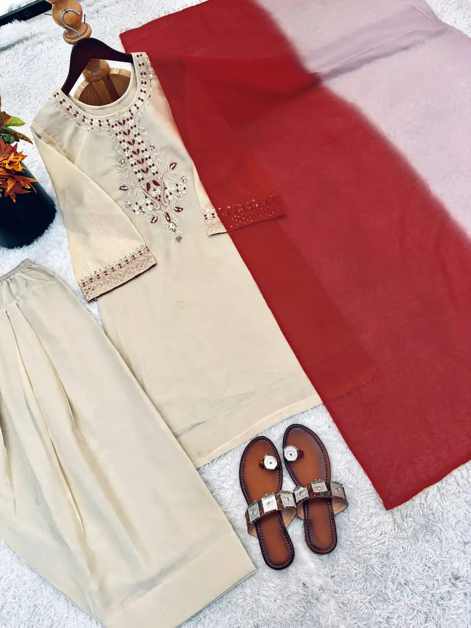 Ivory Tebby Organza Farshi Suit Set with Embroidery Thread Work and Red Faux Georgette Dupatta