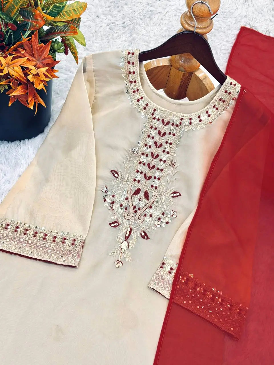 Ivory Tebby Organza Farshi Suit Set with Embroidery Thread Work and Red Faux Georgette Dupatta