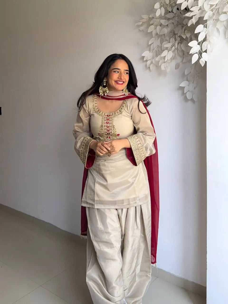 Ivory Tebby Organza Farshi Suit Set with Embroidery Thread Work and Red Faux Georgette Dupatta
