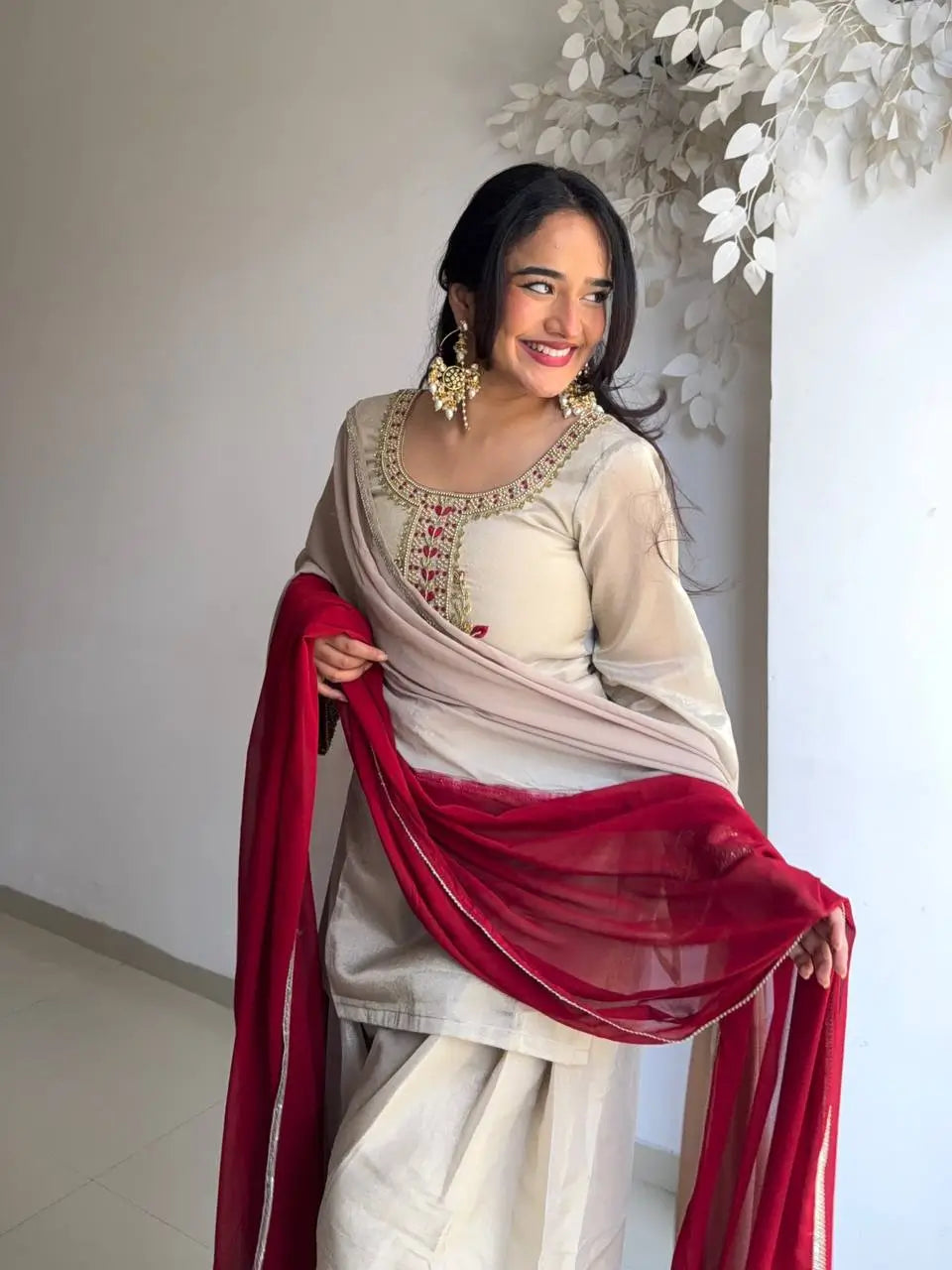 Ivory Tebby Organza Farshi Suit Set with Embroidery Thread Work and Red Faux Georgette Dupatta