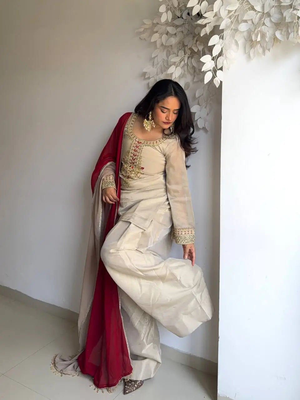 Ivory Tebby Organza Farshi Suit Set with Embroidery Thread Work and Red Faux Georgette Dupatta