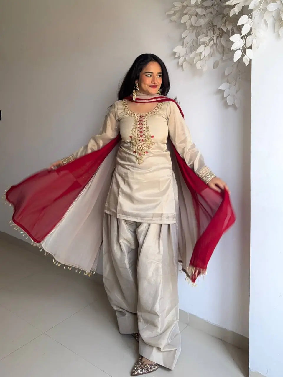 Ivory Tebby Organza Farshi Suit Set with Embroidery Thread Work and Red Faux Georgette Dupatta
