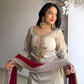 Ivory Tebby Organza Farshi Suit Set with Embroidery Thread Work and Red Faux Georgette Dupatta