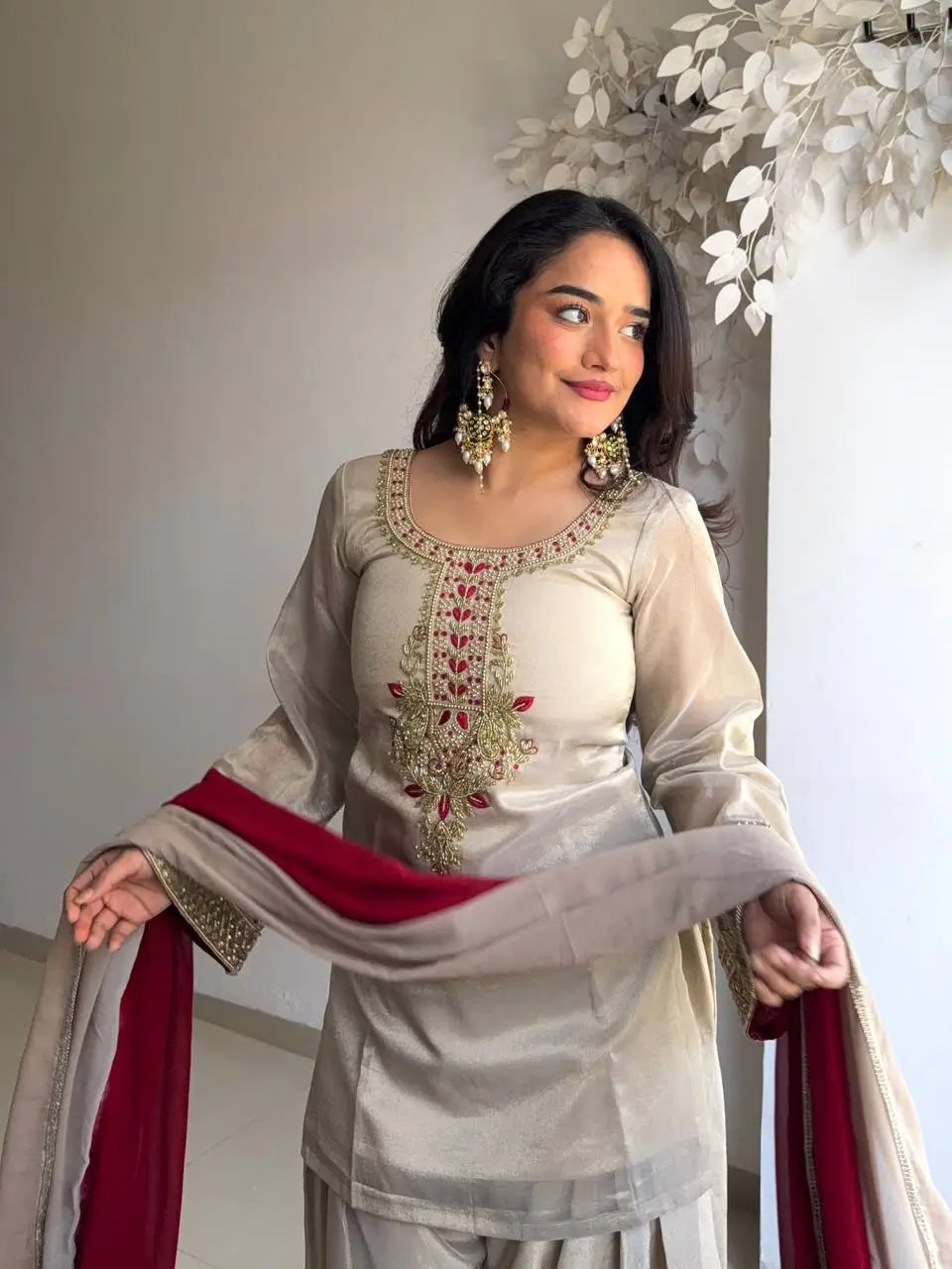 Ivory Tebby Organza Farshi Suit Set with Embroidery Thread Work and Red Faux Georgette Dupatta